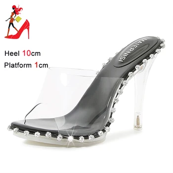 2024 Nové Lady Transparentné Vysoké Podpätky Lete Luxusné Crystal Sandále 10 CM Ženy Elegantné Party Topánky Dizajnér Drahokamu Papuče