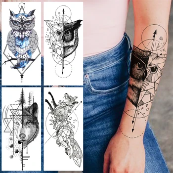 3D Geometria Sova Rameno Dočasné Tetovanie Pre Ženy, dospelí Muži, Líška, Vlk Falošné Tetovanie Nálepky Realistické Body Art Decoration Tetovanie Papier