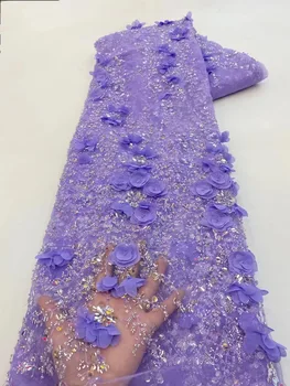 3D Kvety v Modrom francúzskej Čipky Textílie 2023 Vysoko Kvalitnej Čipky Čistý Afriky Čipky Textílie s korálkami Čipky Tkaniny pre WeddingXZ5699