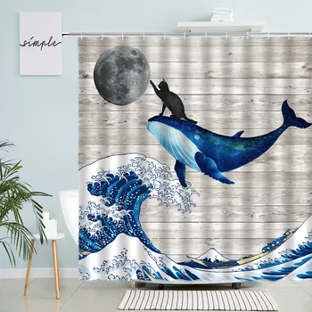 3D Vtipné Mačku Veľryba Sprchové Závesy Black Moon Blue Sea Vlna Retro Drevené Dosky Dekor Tvorivé Textílie Kúpeľňa Záves s Háčikmi