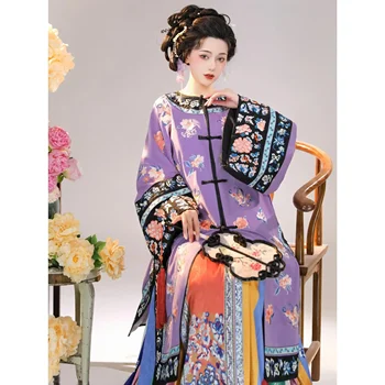 5 Farby, Vyšívané Neskoro Qing Dynastie Fialová Qipao Nastaviť Čínske Tradičné Šaty pre Ženy Cheongsam Tlač Kôň Sukne Hanfu