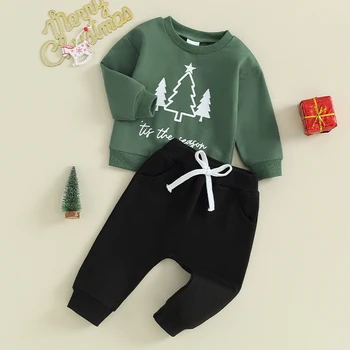 Baby Boy Vianočné Oblečenie Spadajú Zimné Oblečenie Batoľa Vianočné Stromy Tlač Mikina Šnúrkou Nohavice s Vreckami
