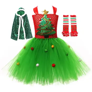 Christmas Elf Kostým Pre Dospievajúce Dievča Čipky TUTU Šaty Vianočné Dieťa Šatka Strom Tunika+Čelenka+Plášť 4PC Nastaviť Deti Tunika Oblečenie