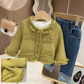 Detské Oblečenie Sady Tweed Bunda Topy +vyšívané Džínsy Batoľa Dievča Oblečenie Baby Dievča Oblečenie Set pre 2 Až 7 Rokov