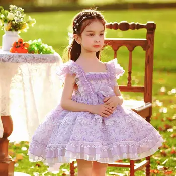 Detské Oblečenie Španielsky Ročník Lolita Plesové Šaty, Lúk Čipky Dizajn Tlače Narodeninovej Party Veľkonočné Eid Princezná Šaty Pre Dievča A1463
