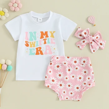 Dieťa Dievča, Krátky Rukáv T-shirt Mini Swiftie Košele, Šortky Kvetinové hlavový most 3ks Jarné Letné Oblečenie
