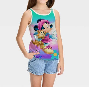 Disney Mickey Minnie 2023 Letné Nový Roztomilý Dievčatá Topy Bežné Cartoon Vesta Bez Rukávov Vytlačené Vietor Vesta T-Shirt
