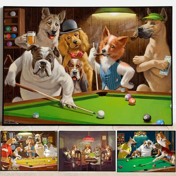 Funny Zvieratá Hrať Biliard Plagát Zvieratá Wall Art Plátno Na Maľovanie Vytlačí Psov Hrať Poker Karty Spálňa Domova
