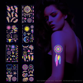 Kreatívne Fluorescenčné Kvet Rameno Dočasné Tetovanie Tváre Nálepky Falošné Tetovanie pre Ženy Nepremokavé Pierko Tetovanie Tela Nálepky Umenie