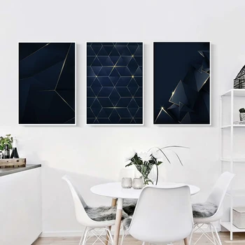 Moderné Geometrické Kocka Abstraktné Blue Gold Line Plátne Obrazy Plagáty a Tlačí na Steny Umenie Fotografie pre Obývacia Izba Domova