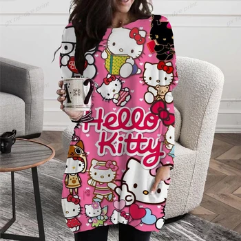 Nové Jarné Módne Bežné Street Štýl Lady Topy Ženy Elegantné Hello Kitty Tlač Pulóver Košele Voľné Cartoon Y2K, Blúzky