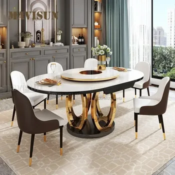 Okrúhly Kuchynský Stôl 1,7 m Veľký Apartmán Svetlo Luxusný Jedálenský Stôl A 6 Stoličiek S Gramofónu Minimalistický z Nerezovej Ocele, Rám