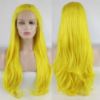 Prírodné Vlny Syntetické Parochne Čipky Front Žltá Glueless Vysoká Kvalita Tepelne Odolných Vlákien Preplucked Prírodné Vlasové Pre Ženy
