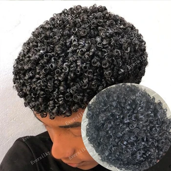 Pánske Toupee 15 mm Kinky Afro Kučeravé Protéza African American Parochňu Super Odolné Pleť Plnú PU pravé Ľudské Vlasy Systém Príčesky