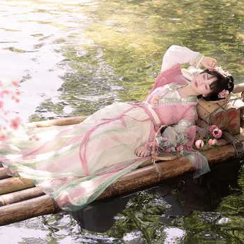 Tang Ružová Zelená Hanfu Žena Voľné-puzdre Tričko, Vyšívané Dávnych Kostým Denne Víla Elegantná Žena, Čínske Šiat