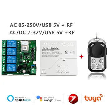 Tuya Wifi, Zigbee Smart Switch 4CH Modul Relé 10A Regulátor DC/AC 12V 24V 220V Inteligentný Život Inching Self-locking RF433 Alexa