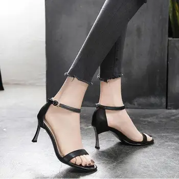 Veľkosť 30 Až 43 Pu Kožené Sandále Ženy Letné Čierne Topánky Otvorené Prst Vysokým Podpätkom Dámy Sandále