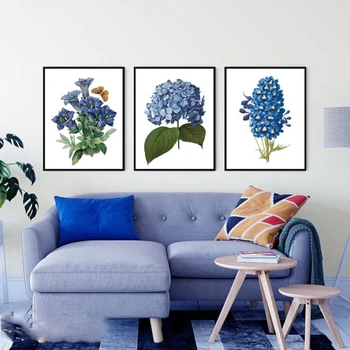 Wall Art Plagáty Nordic Modrý Kvet Plátno Obrázok Obrazy pre Obývacia Izba Moderné Domáce Dekorácie Vytlačí Frameless