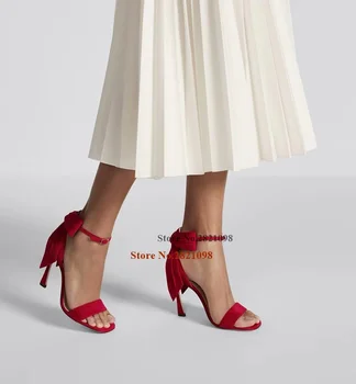 Červená Štruktúrovaný Satin Lúk Späť Popruhy Satin Štvorcové Prst Podpätky Sandále Ženy Vysokým Podpätkom Letné Šaty Topánky