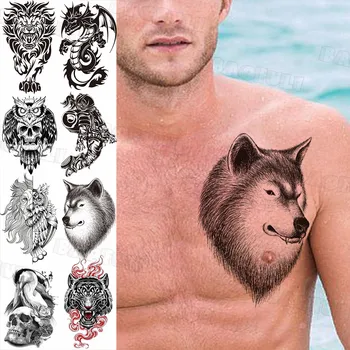 Čierny Vlk Hlavu Dočasné Tetovanie Pre Mužov, Ženy Realistické Falošné Lev, Drak Sova Tatoos Lebky Astronaut Jednorazové Tetovanie Nálepky