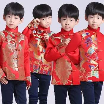 Čínske Oblečenie pre Deti Červená Tang Vyhovovali Tradičné Chlapec Hanfu Top Dragon Tričko Tlač Vintage Satin Kungfu Party Stage Kostýmy