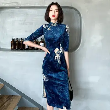 Čínsky Štýl, Zlepšenie Cheongsam Zlato Velvet Midi Party Šaty pre Ženy Elegantné Červené mid-rukávy Slim Bodycon Štrbinou Šaty