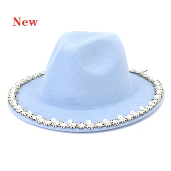 Ženské nový pearl veľký okraj fedora klobúk jeseň zimné móda široký okraj vlnené jazz klobúk malé voňavé štýl cylinder