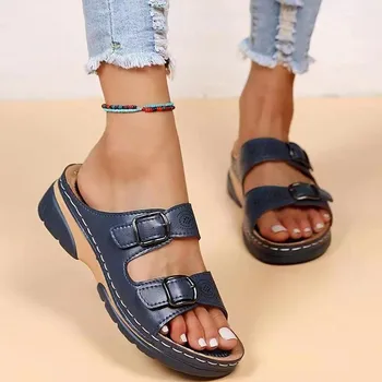 Ženy Uzavreté Prst Letné Topánky Nový Pohodlie Dvojité Pracky Klin Dámske Sandále Plus Veľkosť Platformy Bežné Papuče Ženy